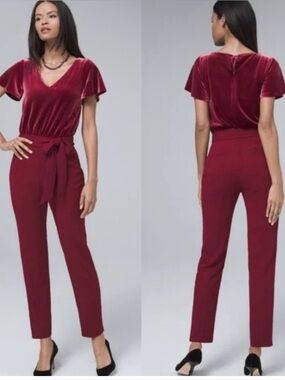 White House Black Market Holiday Red Velvet Bodice Short Sleeve Jumpsuit